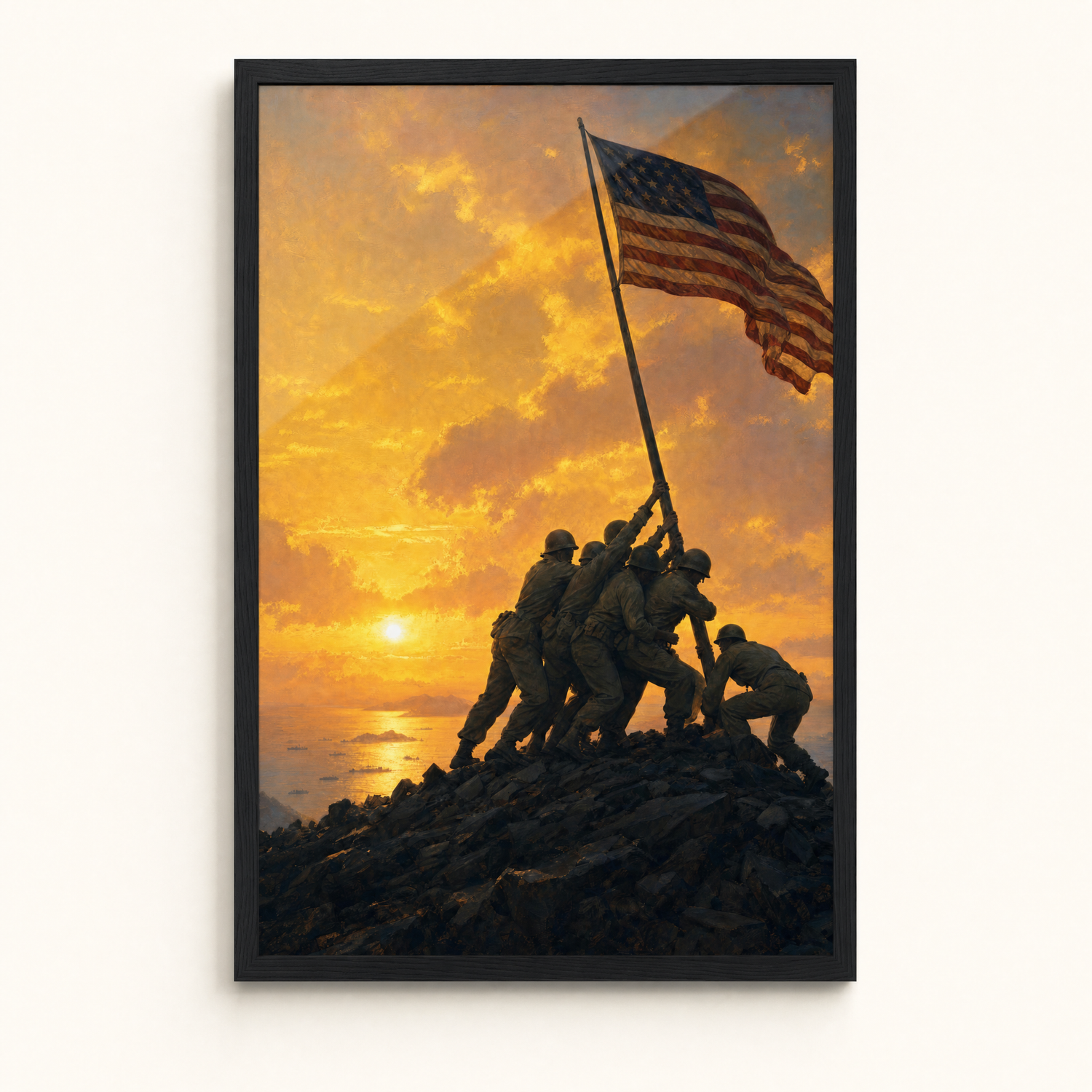 Sunset on Iwo Jima framed print, clean studio product view on matte museum fine-art paper in a black frame.