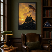 Sunset on Iwo Jima framed print, 24x36 inch, shown above a leather chair in a study with a folded-flag display case.