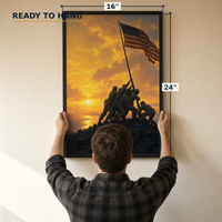 Sunset on Iwo Jima framed print, 16x24 inch, held to the wall to show scale — ready to hang out of the box.