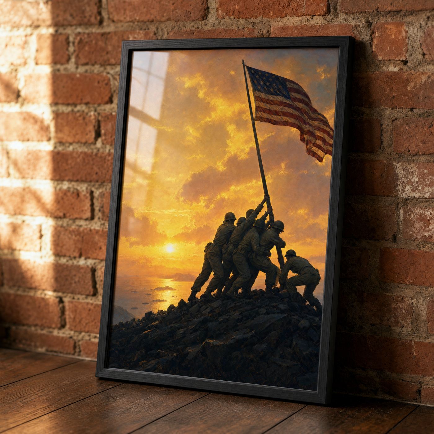 Sunset on Iwo Jima framed print leaning against an exposed brick wall in a black frame.