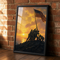 Sunset on Iwo Jima framed print leaning against an exposed brick wall in a black frame.