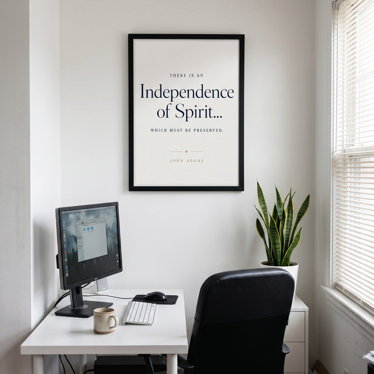 Independence framed print in a spare-room office