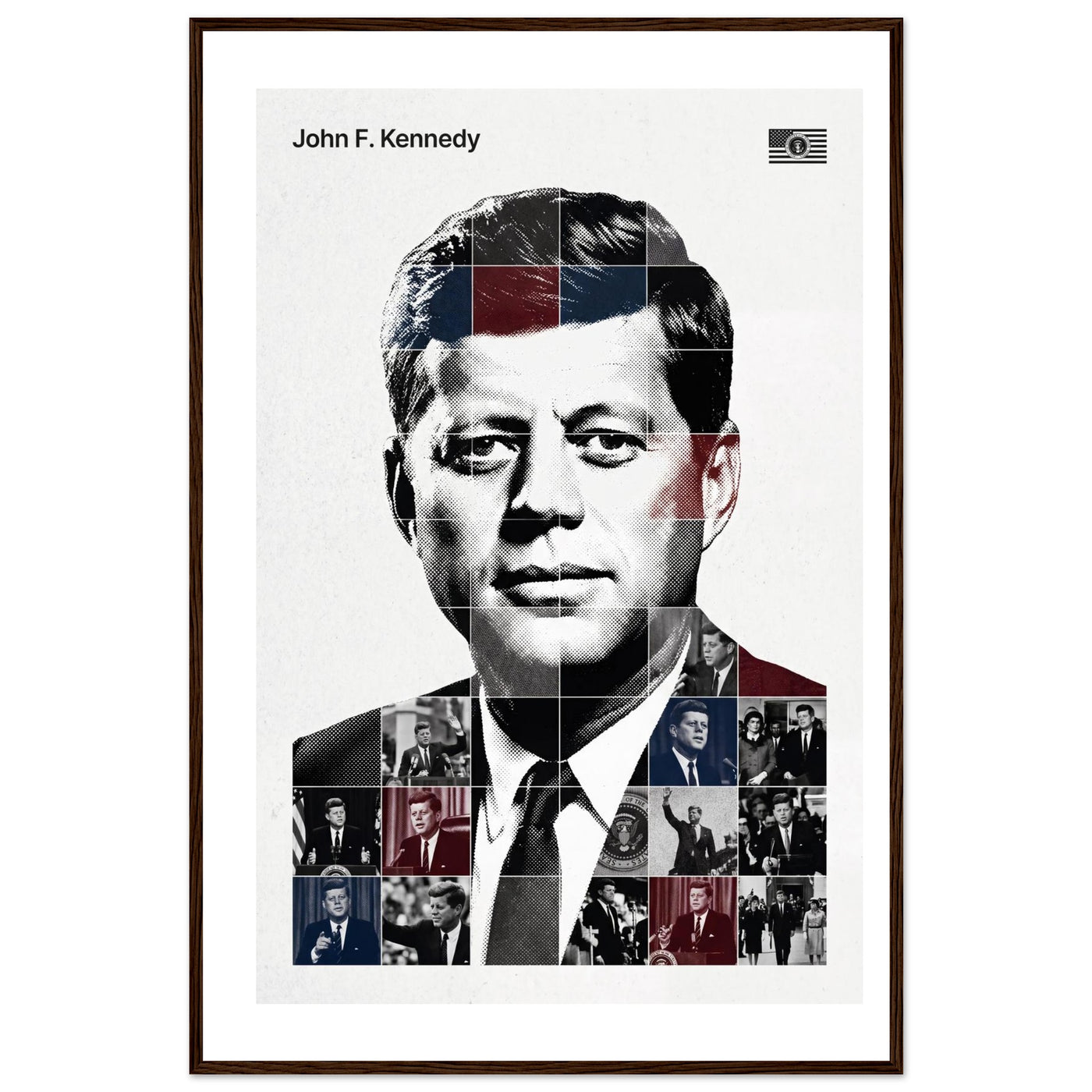 Wooden framed poster of John F. Kennedy, ready to hang.