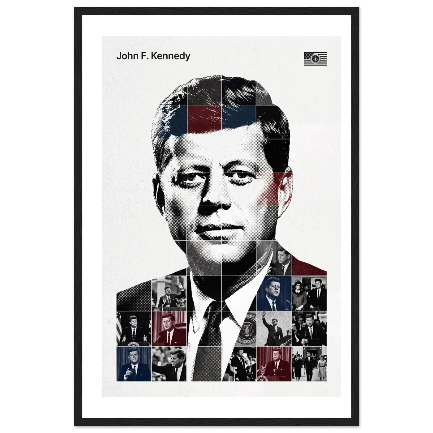 Wooden framed poster of John F. Kennedy, ready to hang.