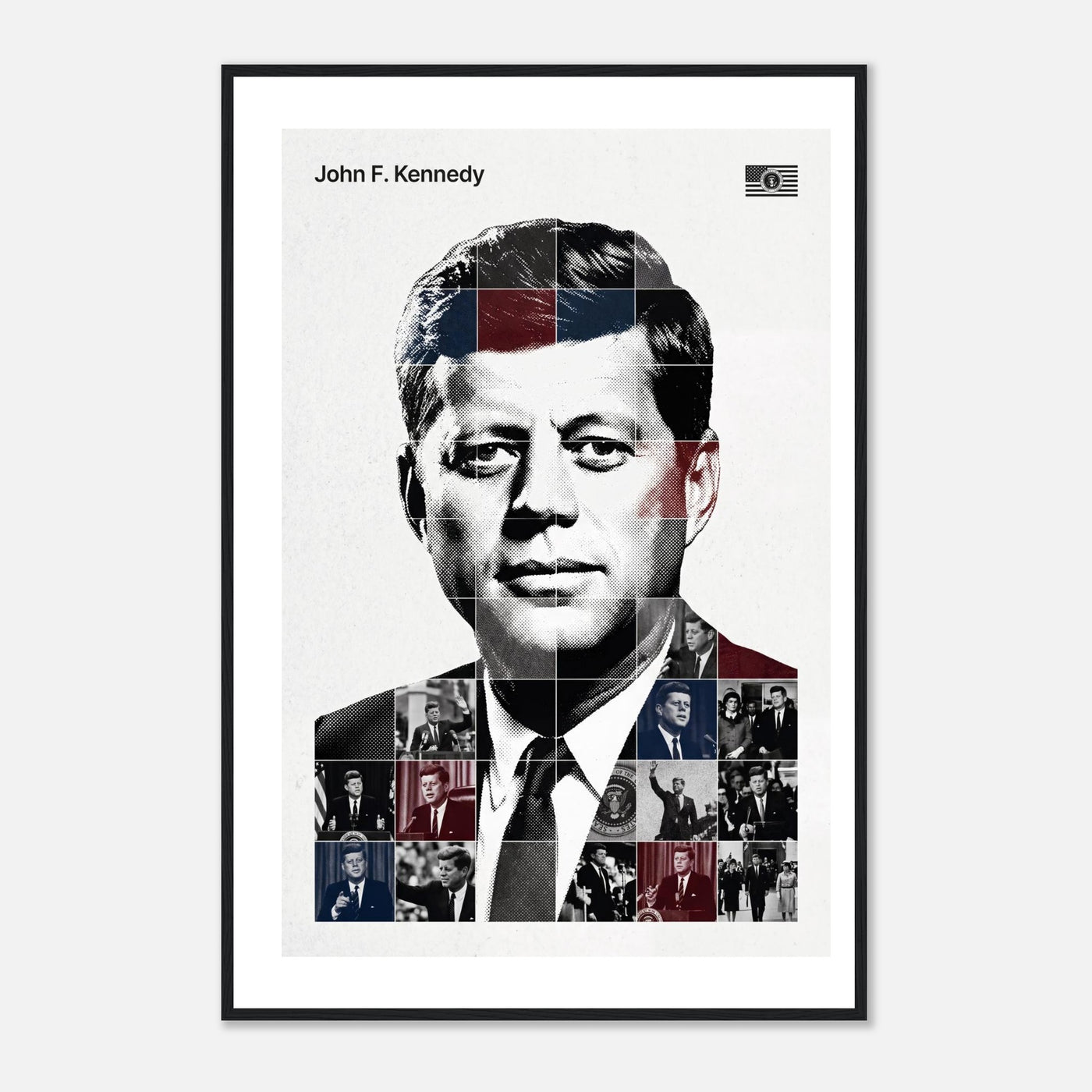 Wooden framed poster of John F. Kennedy, ready to hang.
