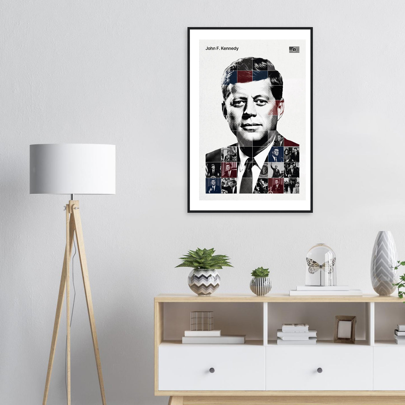 Wooden framed poster of John F. Kennedy, ready to hang.