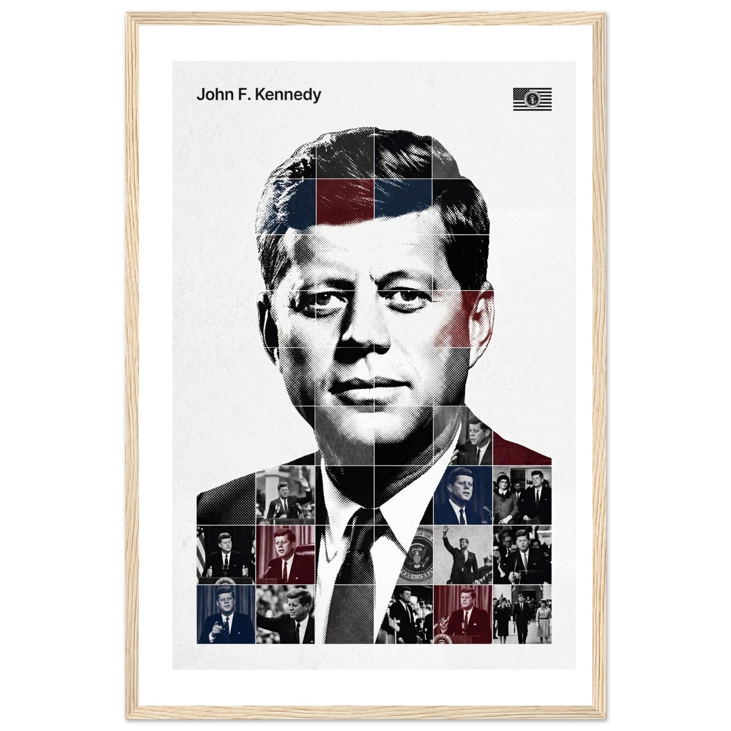 Wooden framed poster of John F. Kennedy, ready to hang.