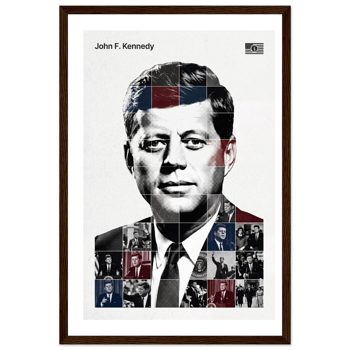 Wooden framed poster of John F. Kennedy, ready to hang.