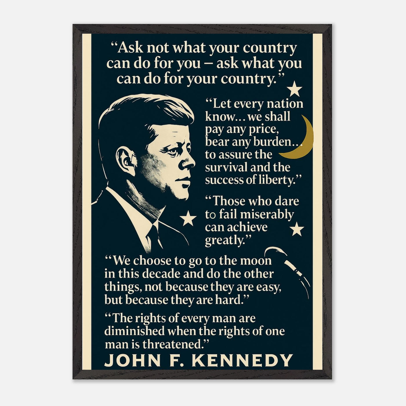 Wooden framed poster of President John F. Kennedy speaking, ready to hang.
