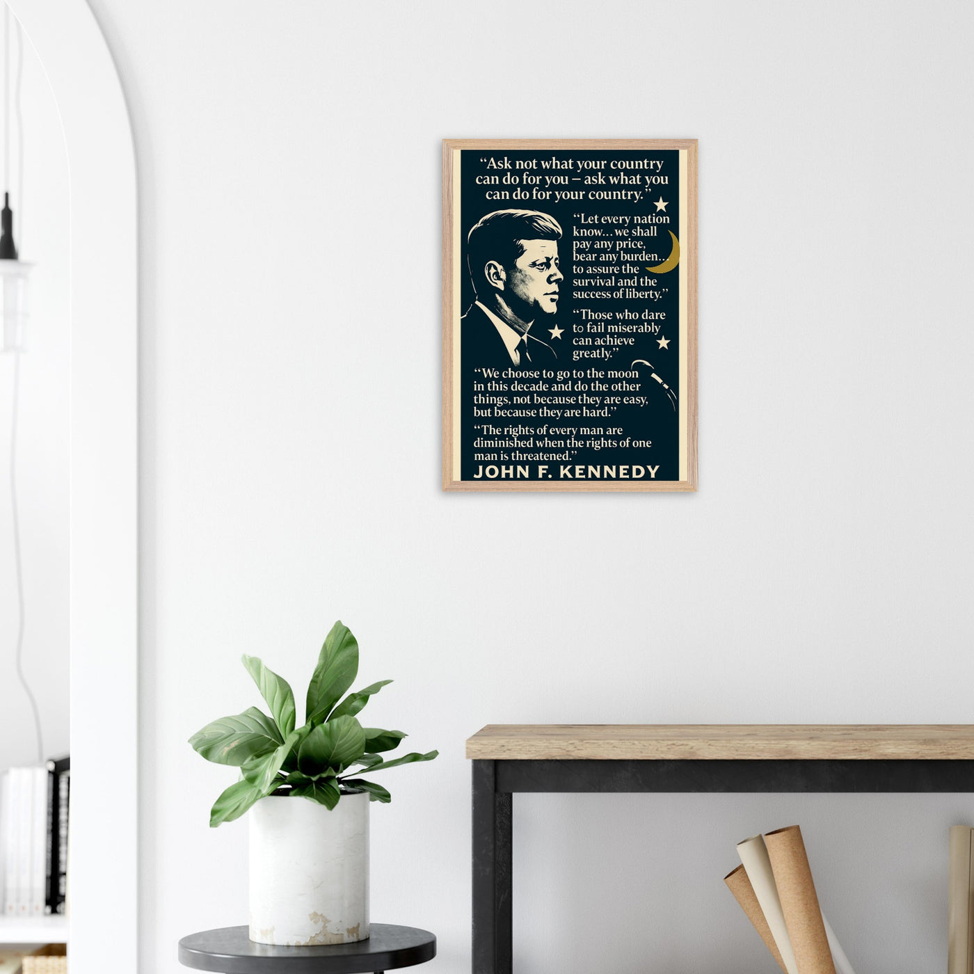 Wooden framed poster of President John F. Kennedy speaking, ready to hang.