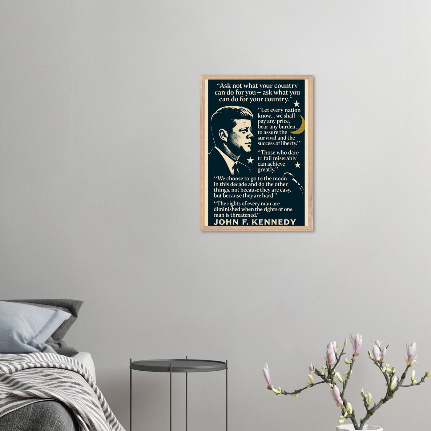 Wooden framed poster of President John F. Kennedy speaking, ready to hang.