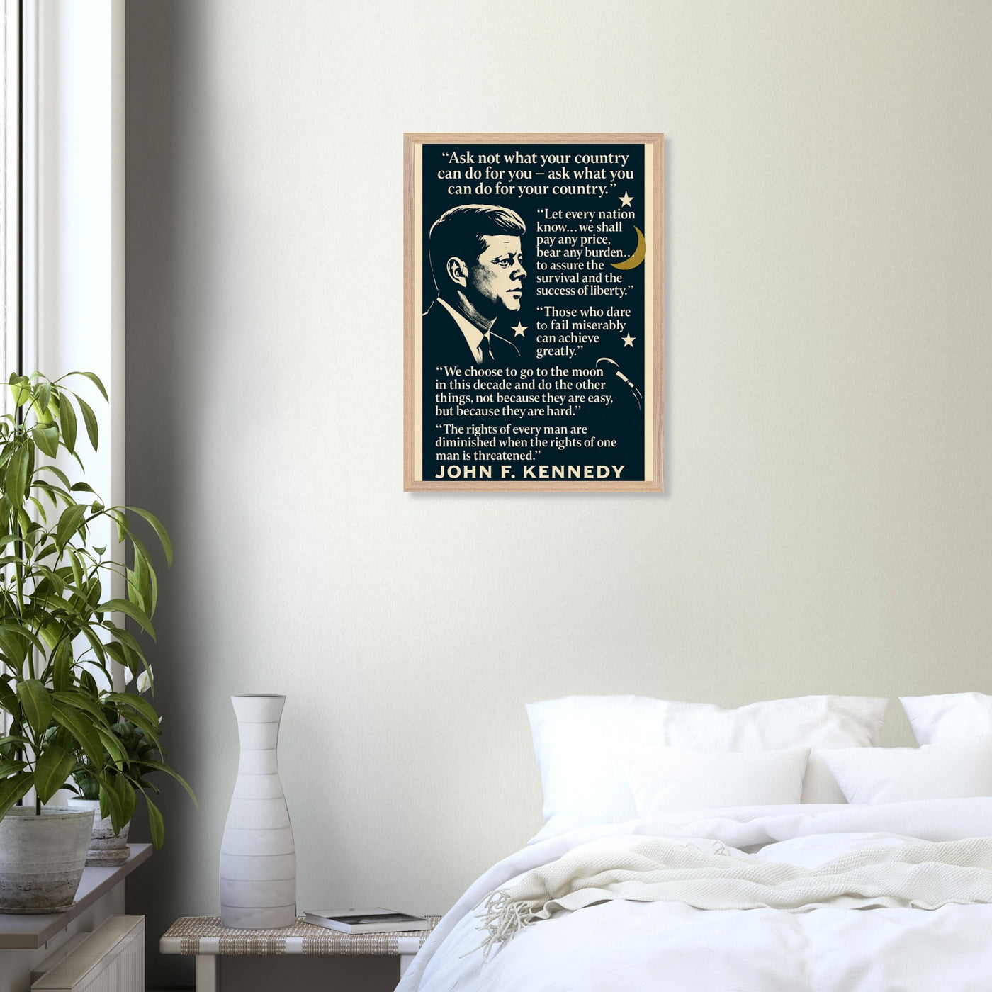 Wooden framed poster of President John F. Kennedy speaking, ready to hang.