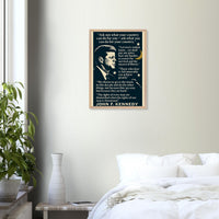 Wooden framed poster of President John F. Kennedy speaking, ready to hang.