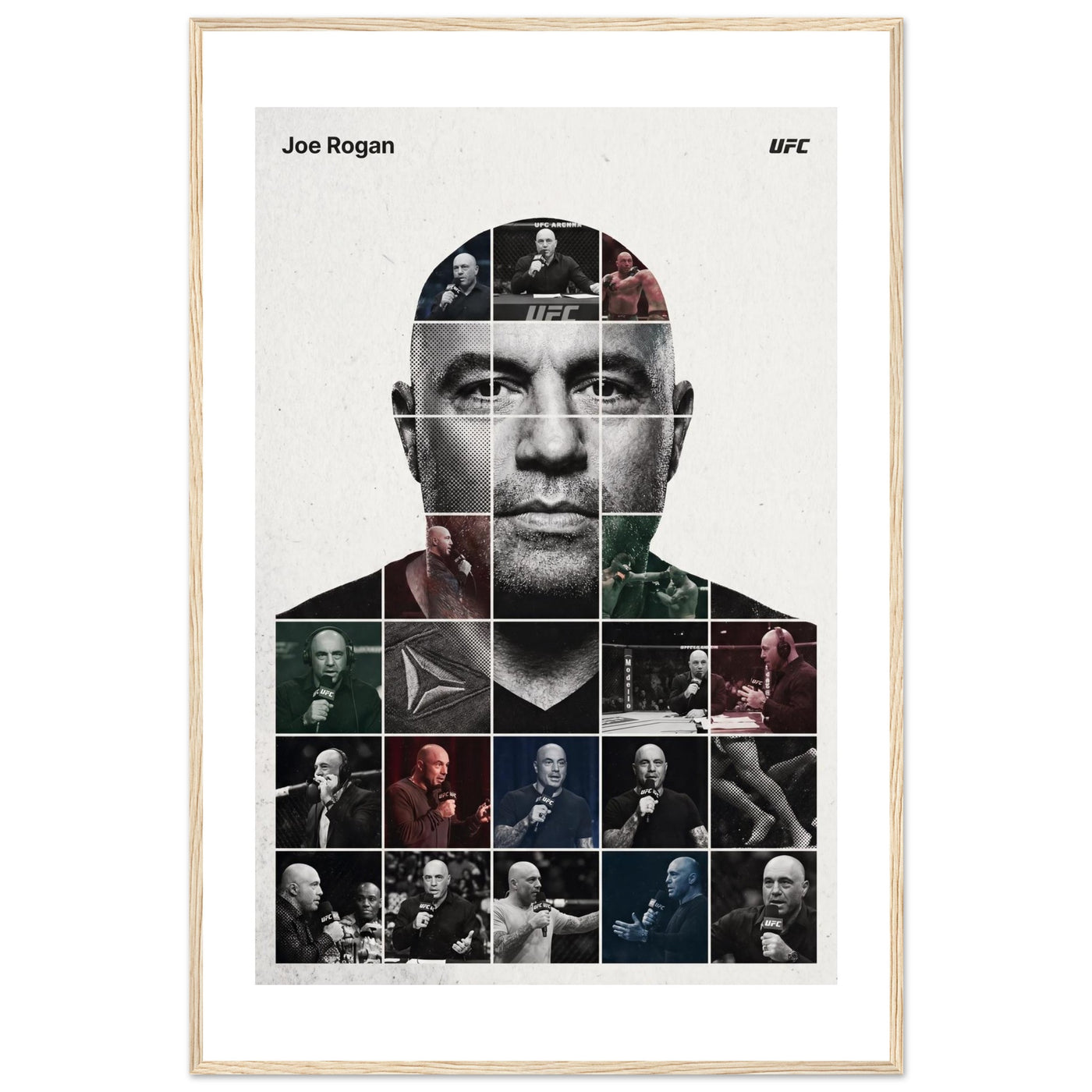 Wooden framed poster of Joe Rogan, ready to hang.
