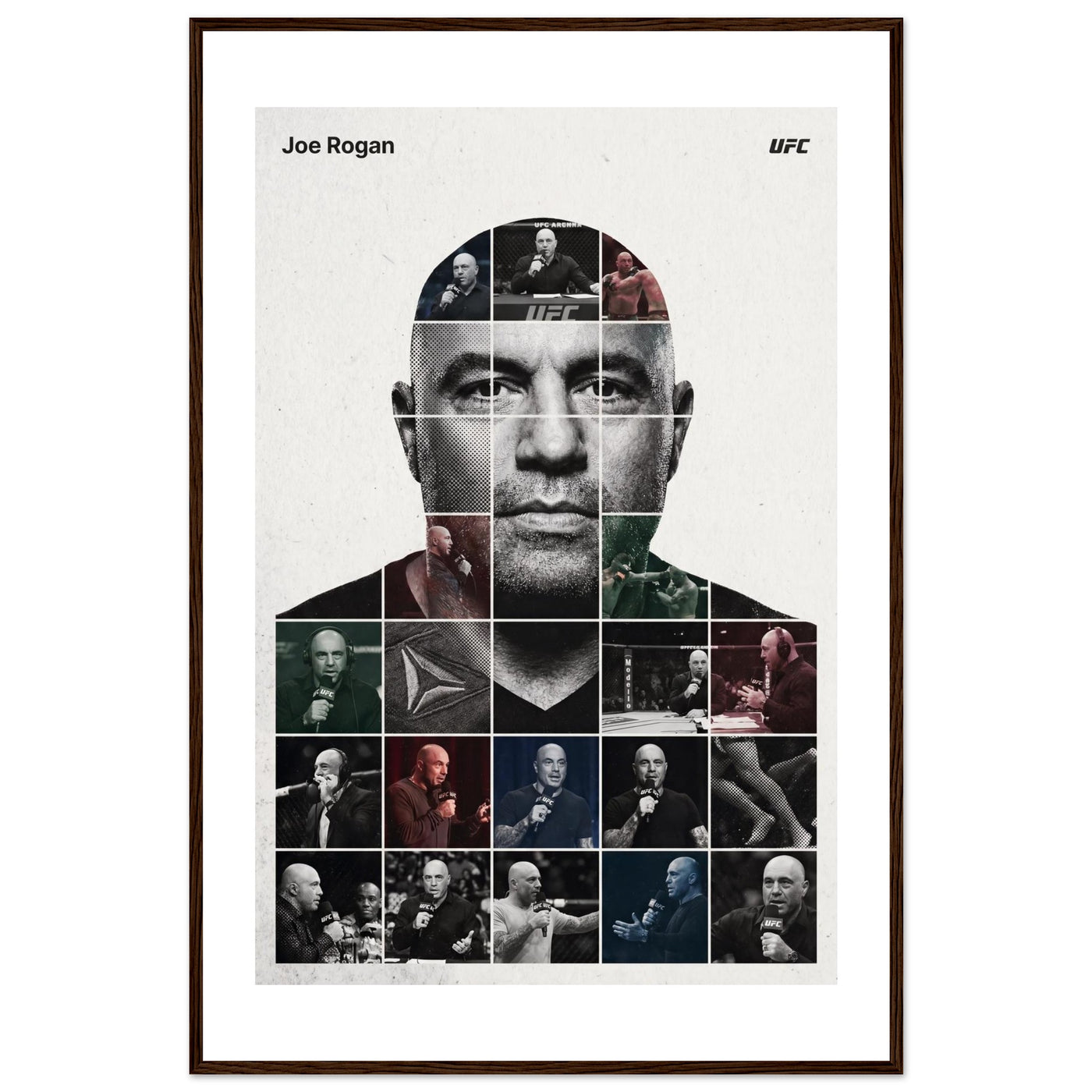 Wooden framed poster of Joe Rogan, ready to hang.