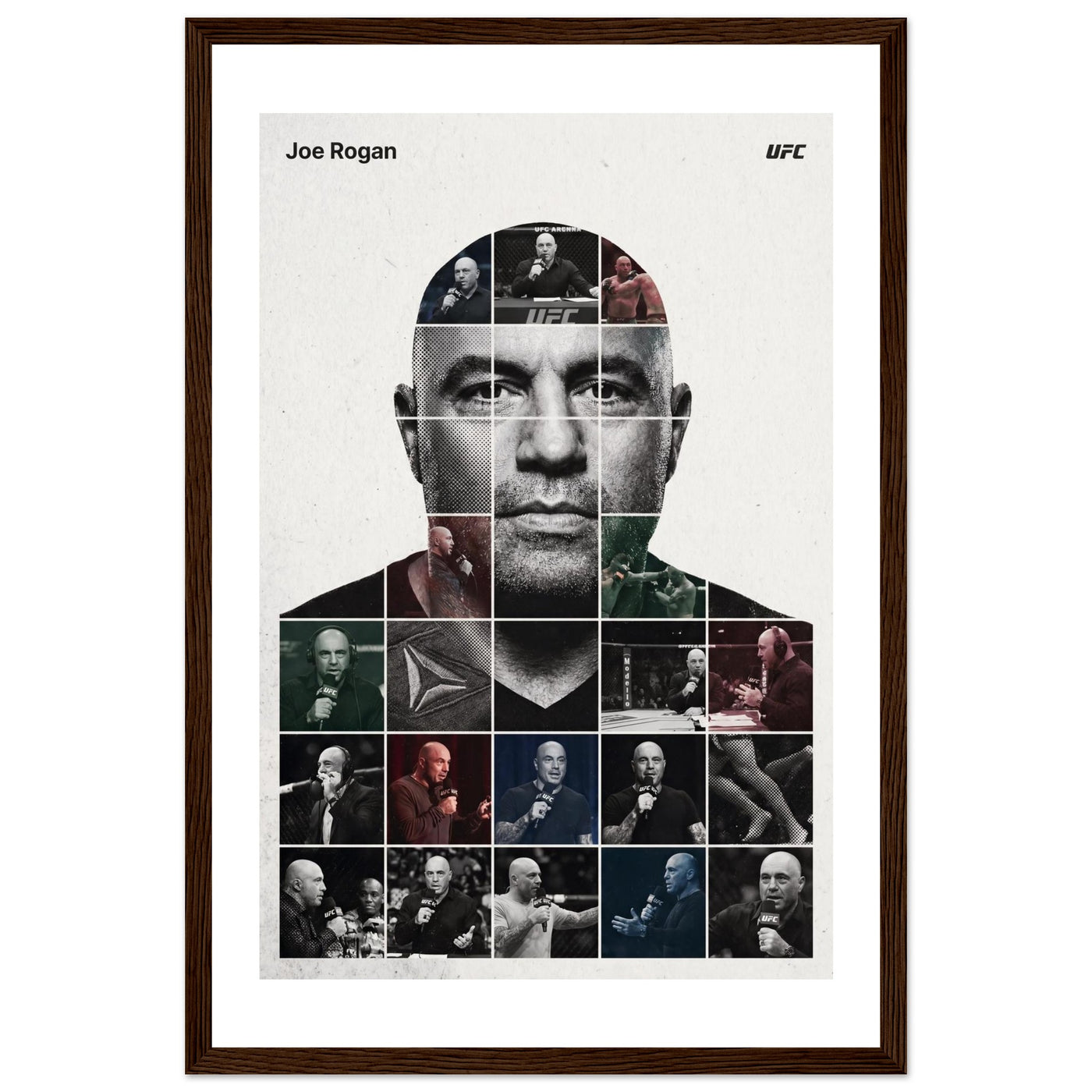 Wooden framed poster of Joe Rogan, ready to hang.