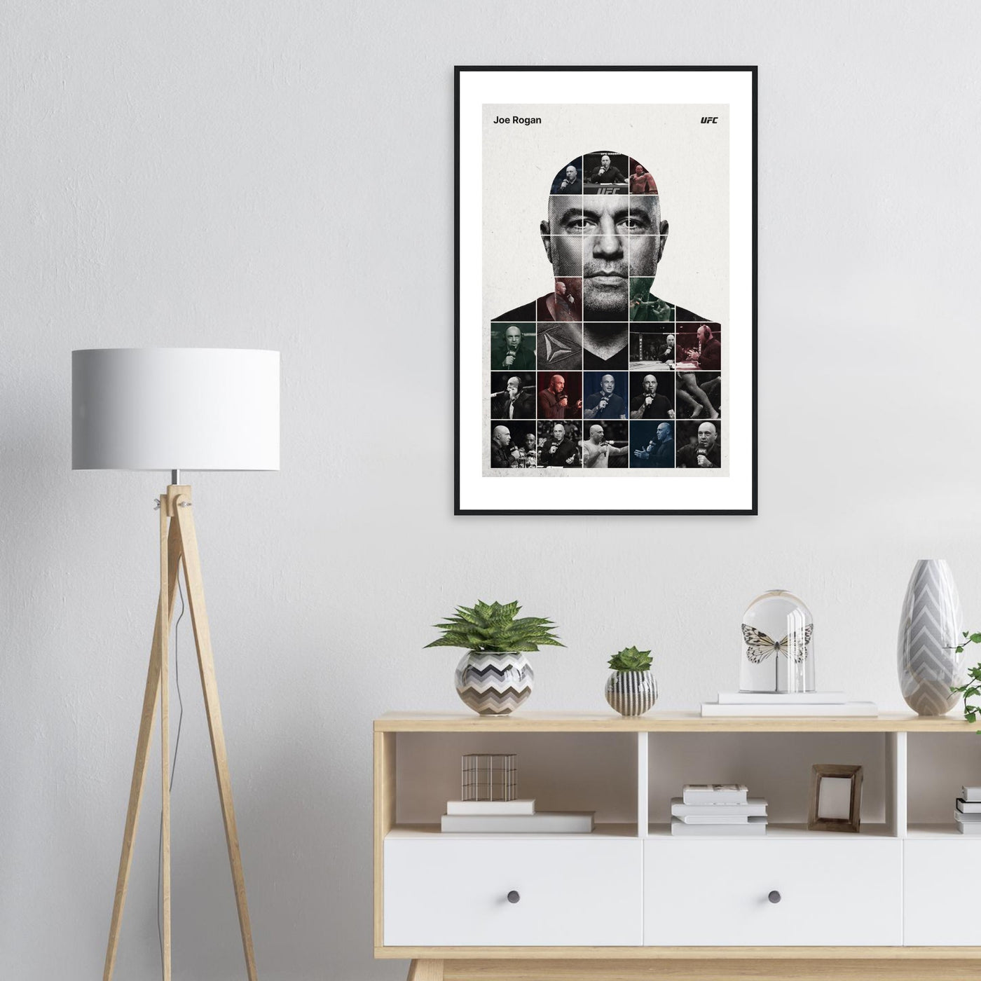 Wooden framed poster of Joe Rogan, ready to hang.