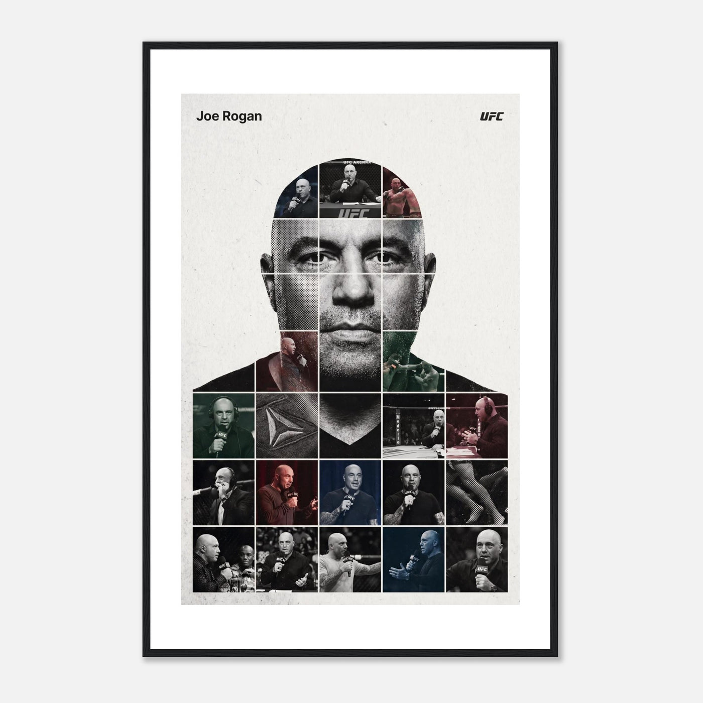 Wooden framed poster of Joe Rogan, ready to hang.