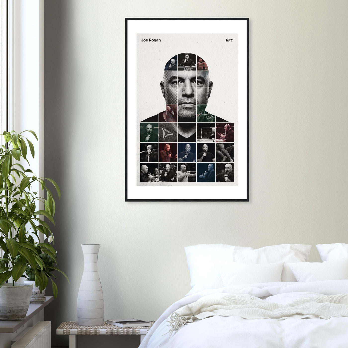 Wooden framed poster of Joe Rogan, ready to hang.