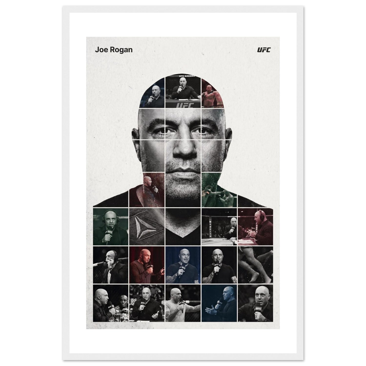 Wooden framed poster of Joe Rogan, ready to hang.