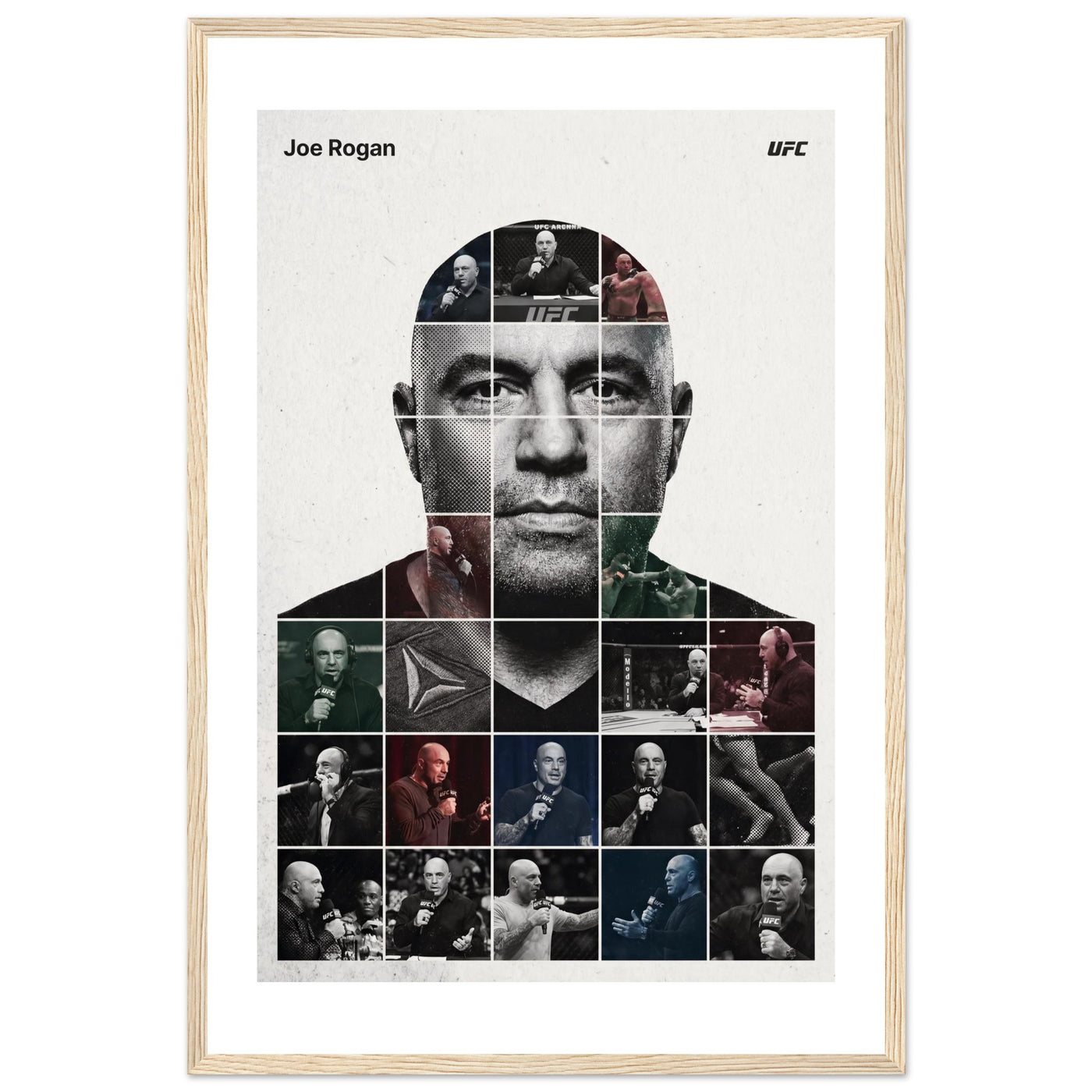 Wooden framed poster of Joe Rogan, ready to hang.