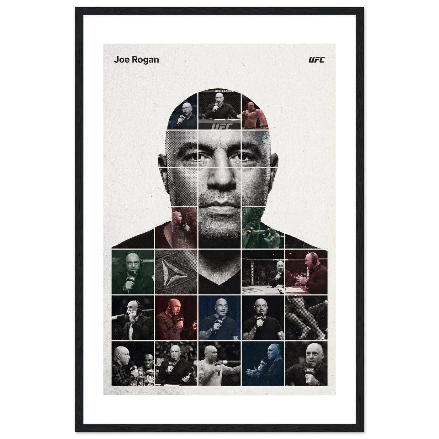 Wooden framed poster of Joe Rogan, ready to hang.