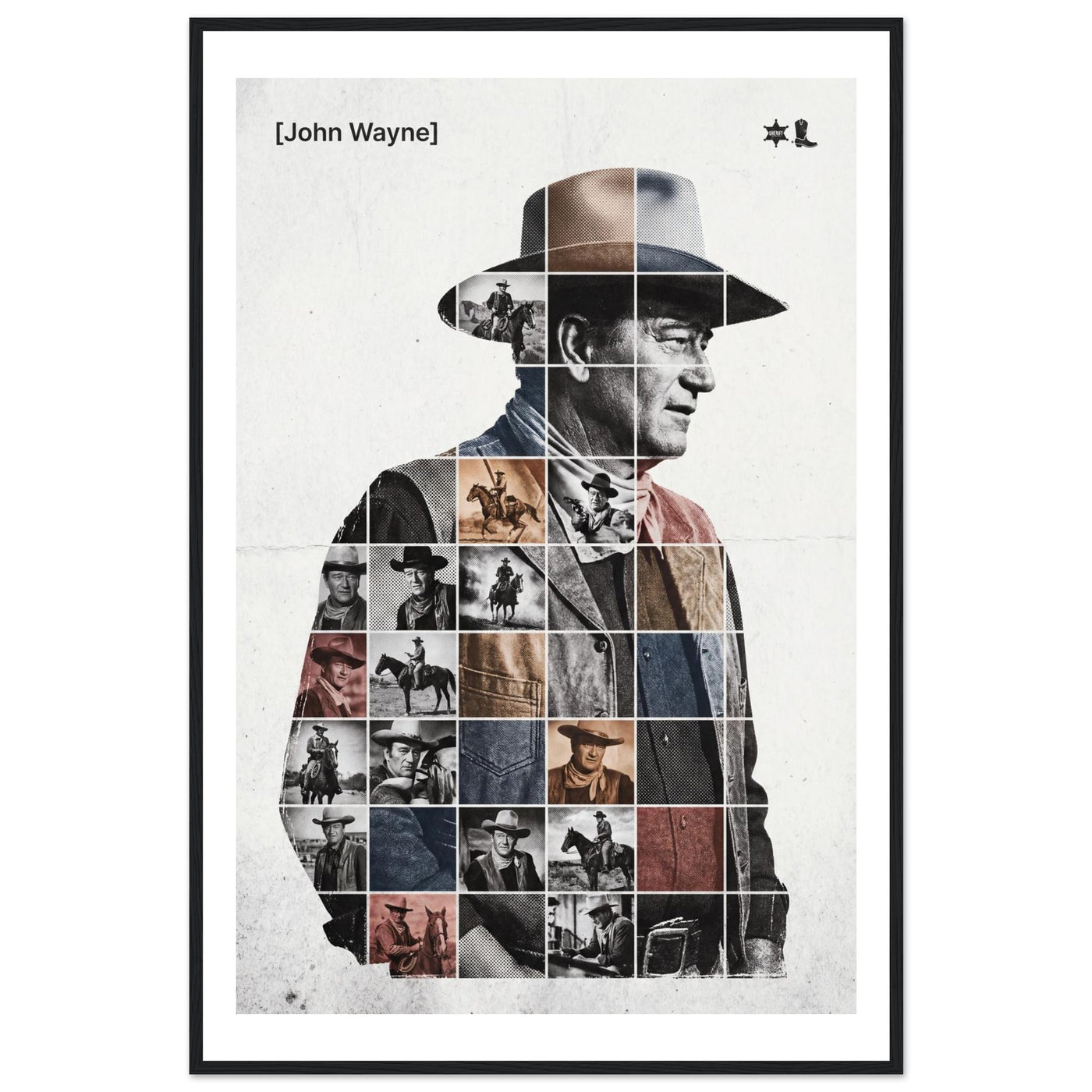 Wooden framed poster of John Wayne, ready to hang.