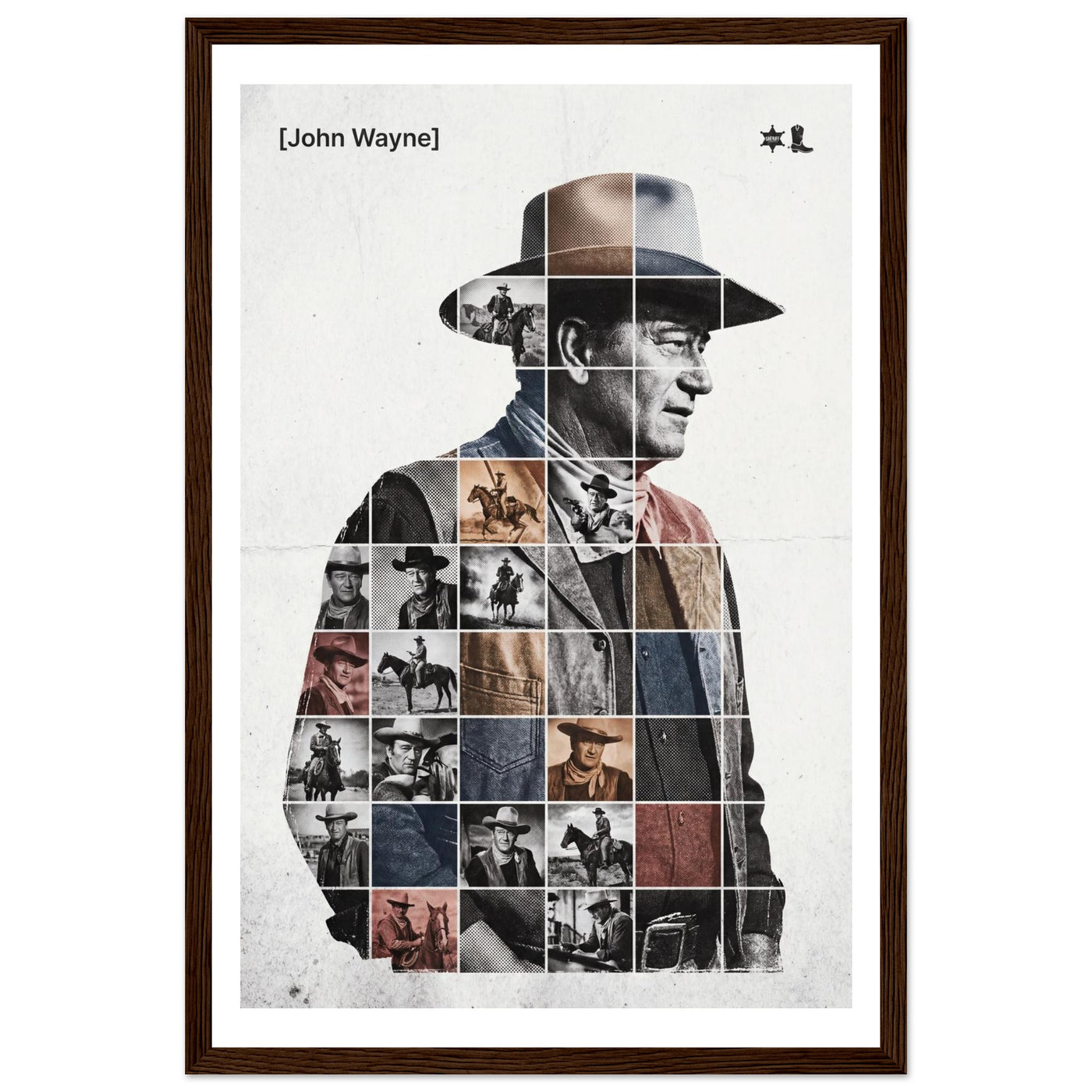 Wooden framed poster of John Wayne, ready to hang.