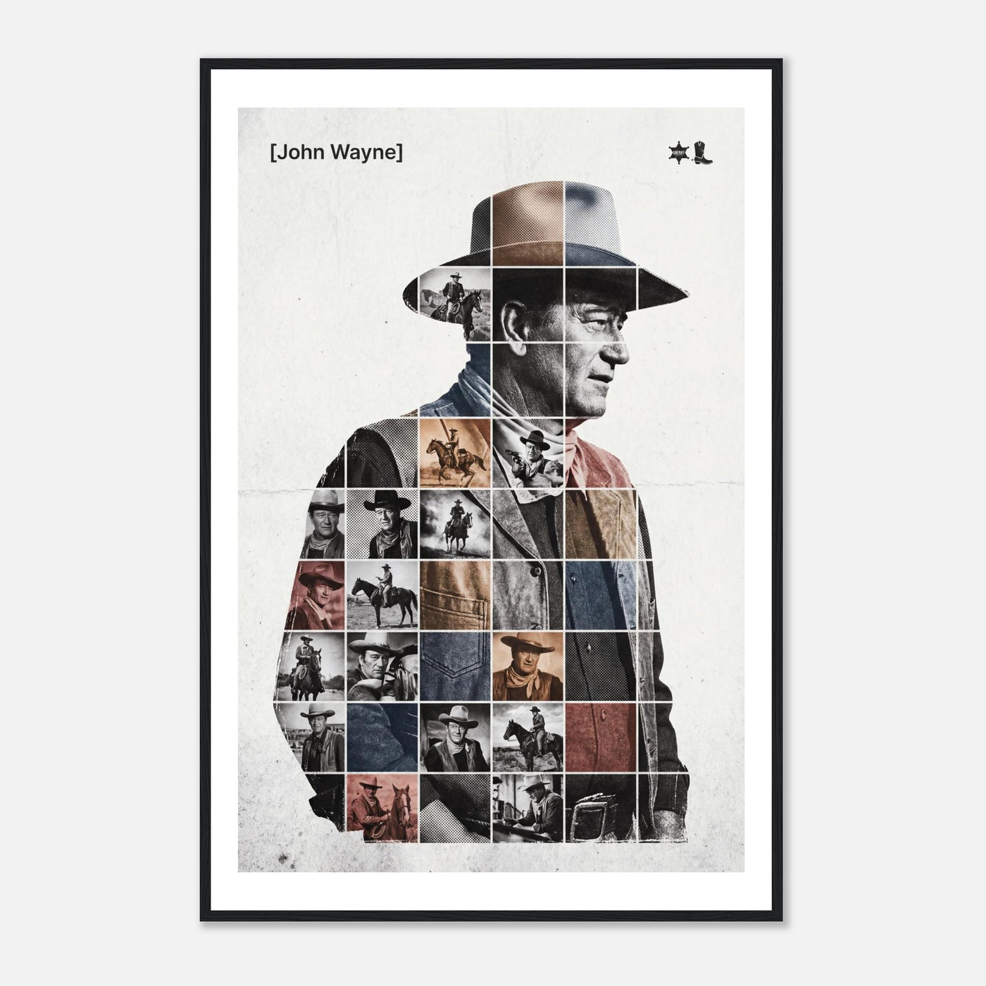 Wooden framed poster of John Wayne, ready to hang.