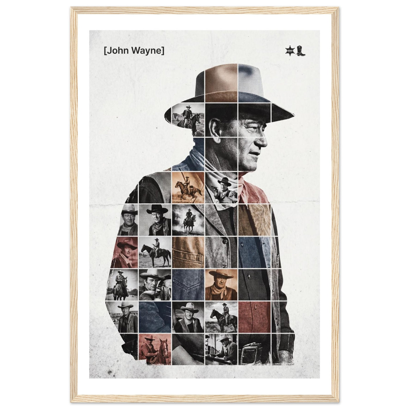Wooden framed poster of John Wayne, ready to hang.