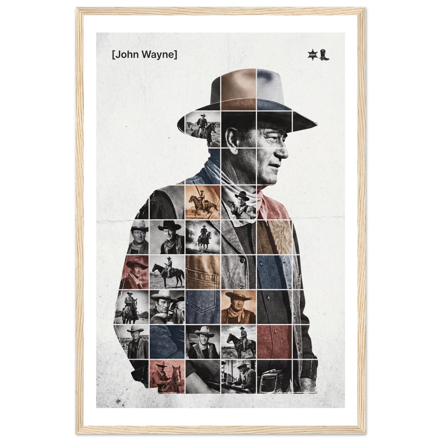 Wooden framed poster of John Wayne, ready to hang.