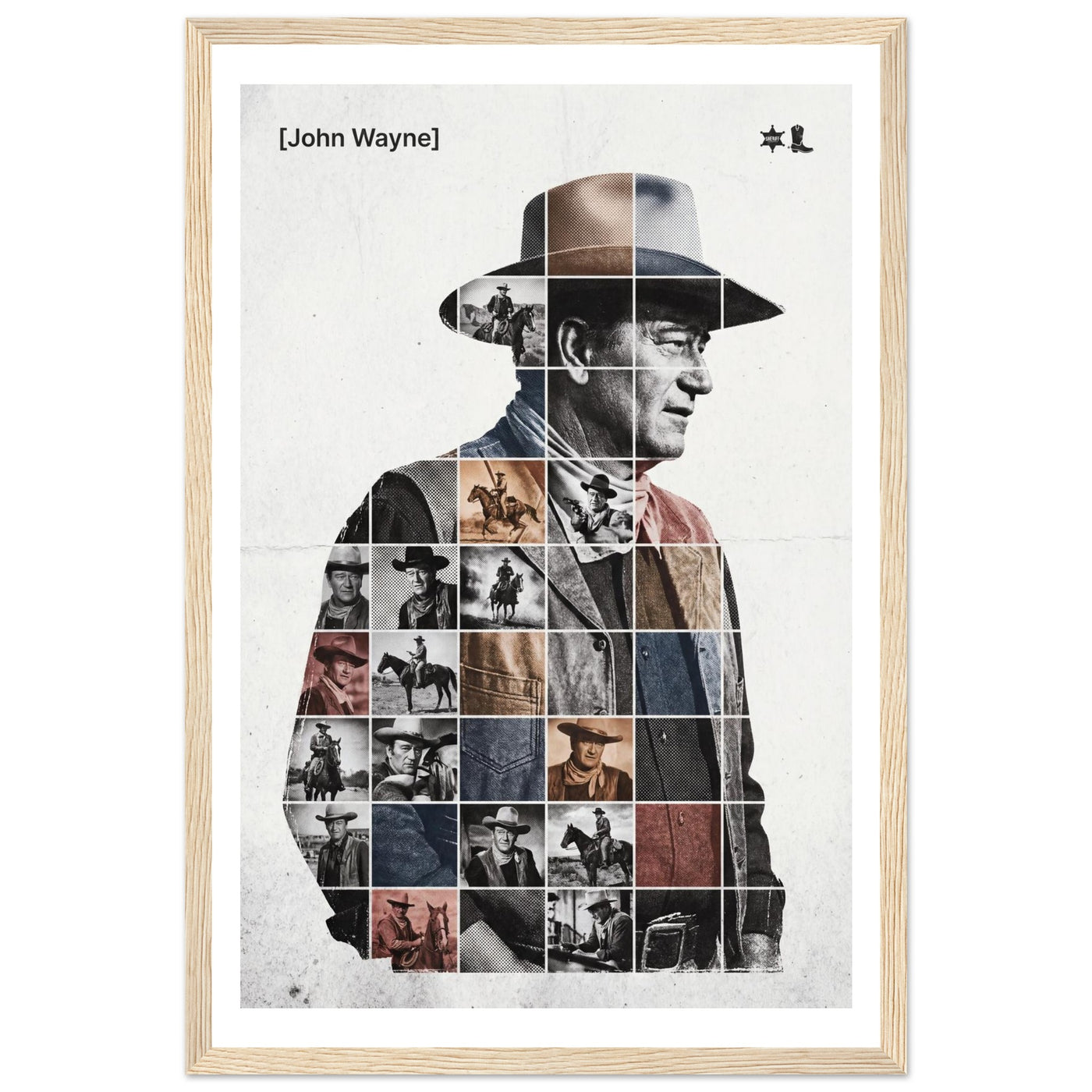 Wooden framed poster of John Wayne, ready to hang.