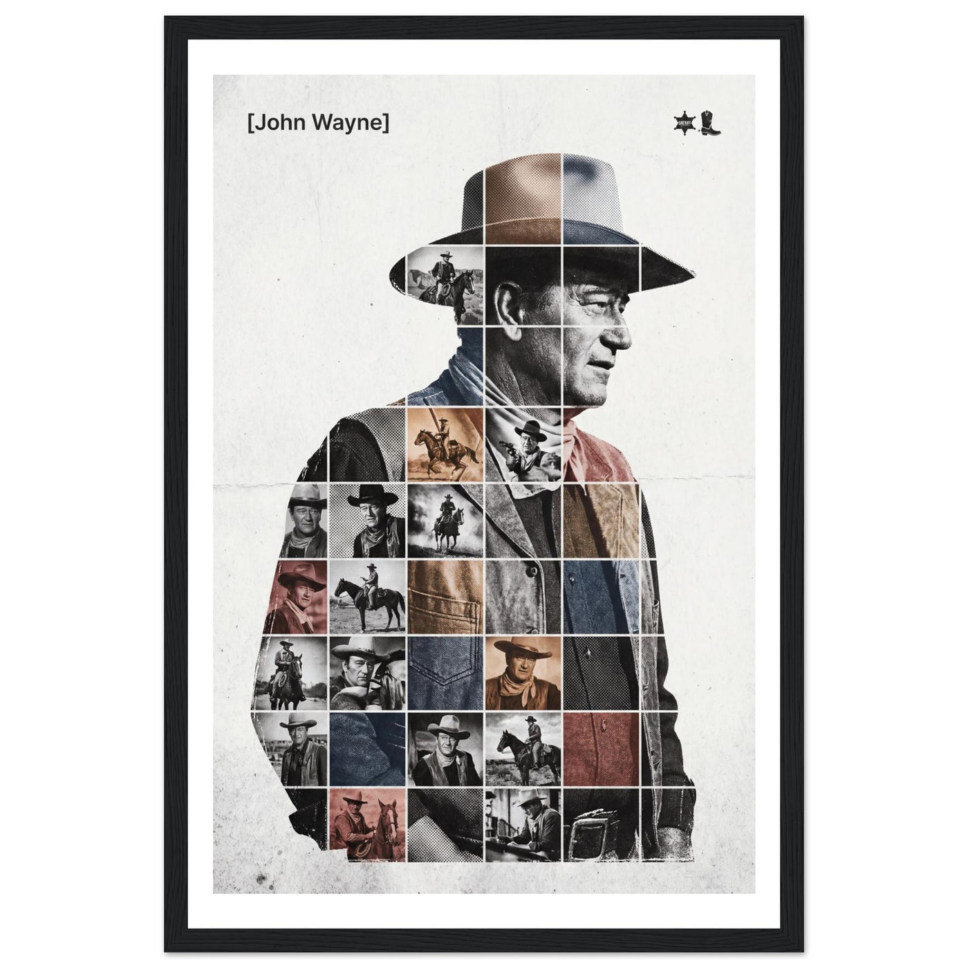 Wooden framed poster of John Wayne, ready to hang.