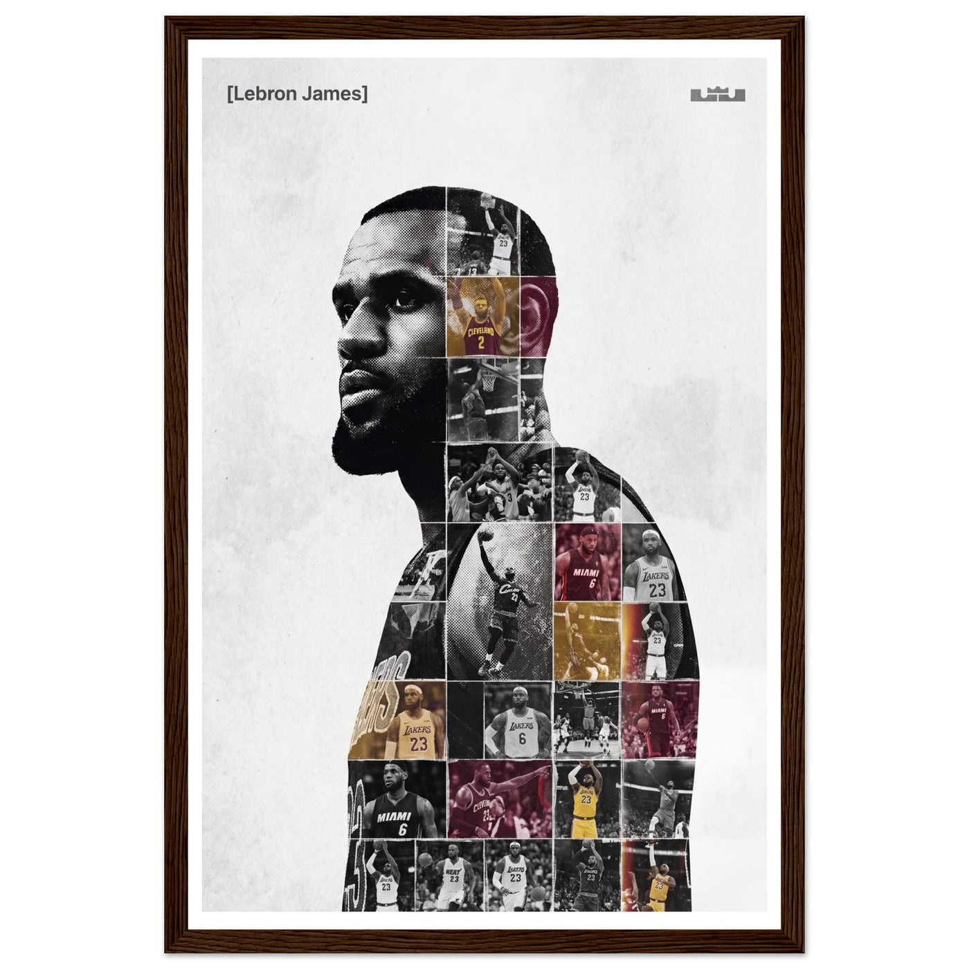 Wooden framed poster of LeBron James, ready to hang.