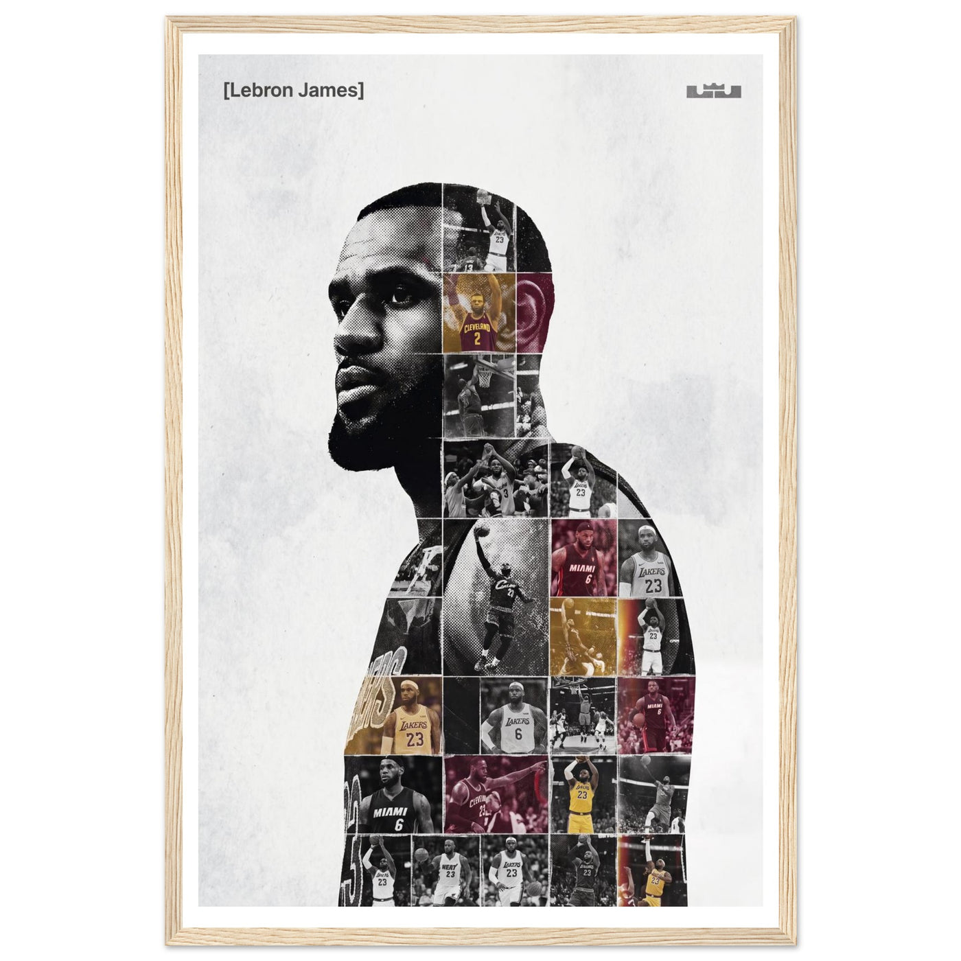 Wooden framed poster of LeBron James, ready to hang.