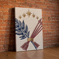 Olive and Arrows – letterpress olive branch and arrows beneath gold stars, patriotic canvas wall art leaning against a red brick wall
