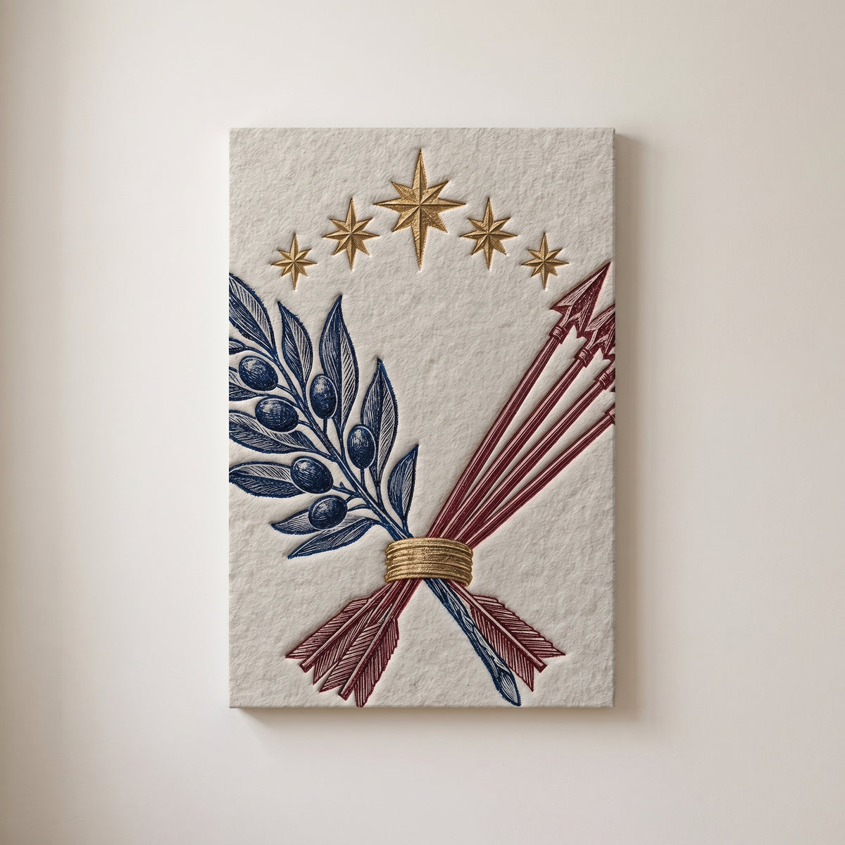 Olive and Arrows – letterpress olive branch and arrows beneath gold stars, patriotic canvas wall art on a linen white wall