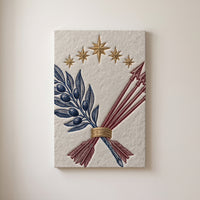 Olive and Arrows – letterpress olive branch and arrows beneath gold stars, patriotic canvas wall art on a linen white wall