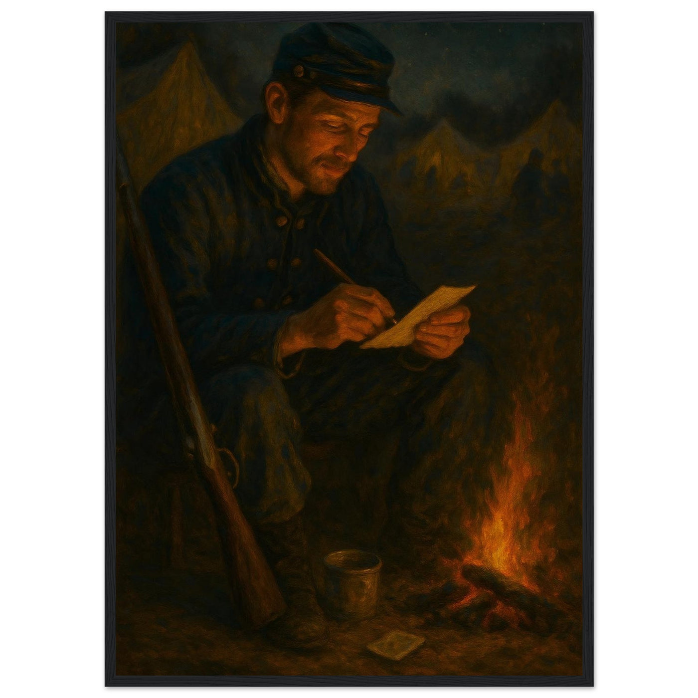 Framed print of a Civil War soldier writing letters home by candlelight, ready to hang.