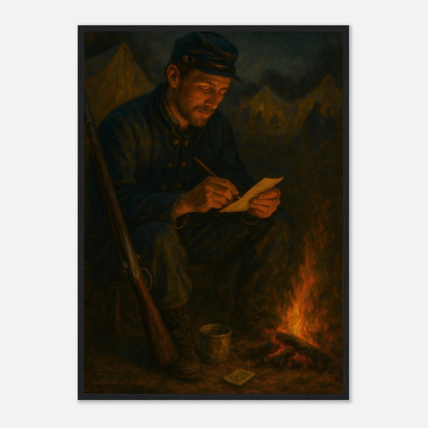 Framed print of a Civil War soldier writing letters home by candlelight, ready to hang.