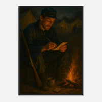 Framed print of a Civil War soldier writing letters home by candlelight, ready to hang.