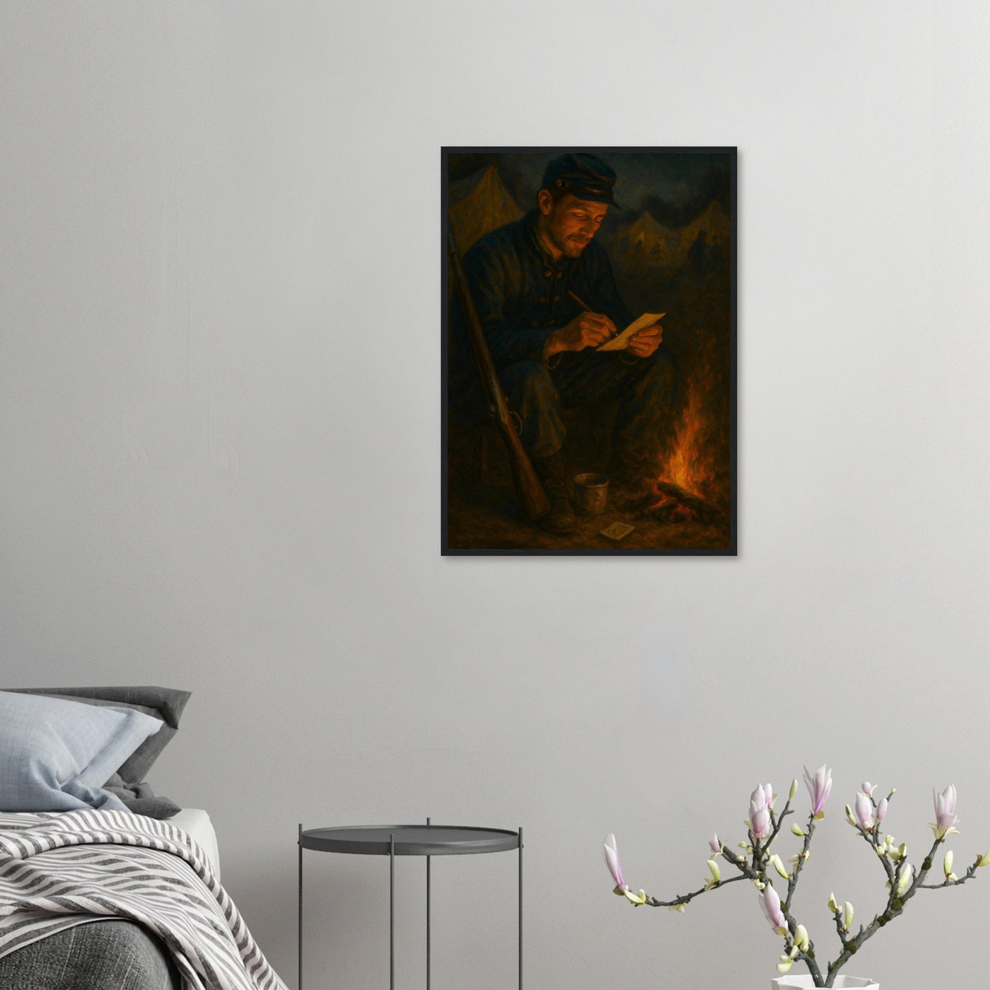 Framed print of a Civil War soldier writing letters home by candlelight, ready to hang.