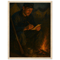 Framed print of a Civil War soldier writing letters home by candlelight, ready to hang.