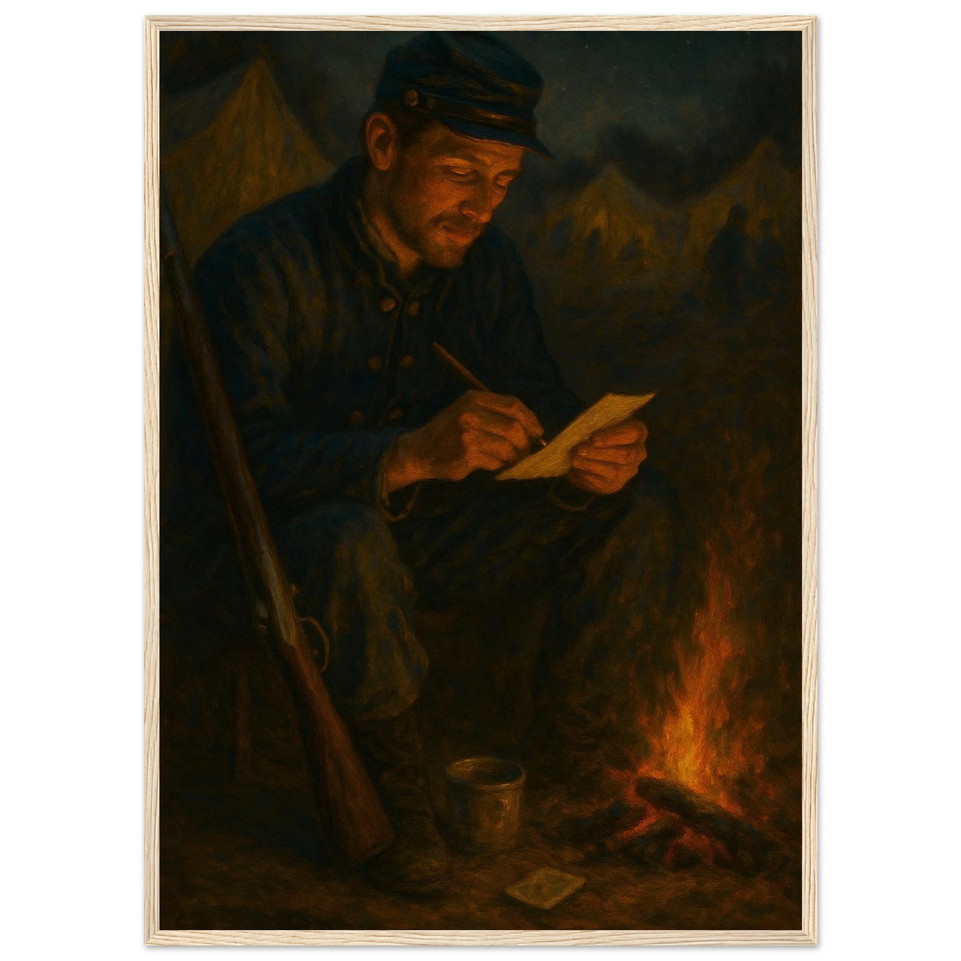 Framed print of a Civil War soldier writing letters home by candlelight, ready to hang.