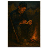 Framed print of a Civil War soldier writing letters home by candlelight, ready to hang.