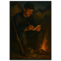 Framed print of a Civil War soldier writing letters home by candlelight, ready to hang.