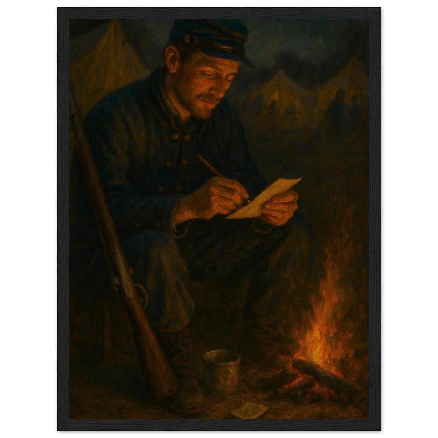 Framed print of a Civil War soldier writing letters home by candlelight, ready to hang.