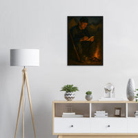 Framed print of a Civil War soldier writing letters home by candlelight, ready to hang.