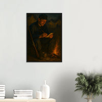Framed print of a Civil War soldier writing letters home by candlelight, ready to hang.