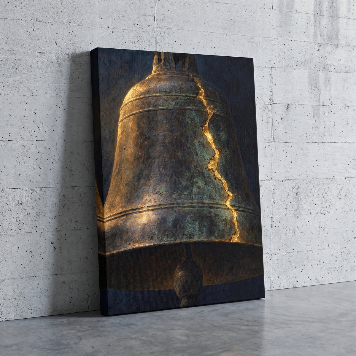 The Cracked Bell – the Liberty Bell in darkness with light along its crack, patriotic canvas wall art leaning against a concrete wall